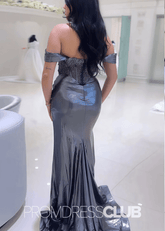 Rebecca |Long Grey Metallic Prom Dresses Websites With Off the Shoulder Ruched Mermaid Beading - Price #price_variant_lowest# - Grey - PromDressClub